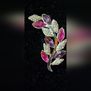 Elegant Pink and Clear Rhinestone Leaf Brooch